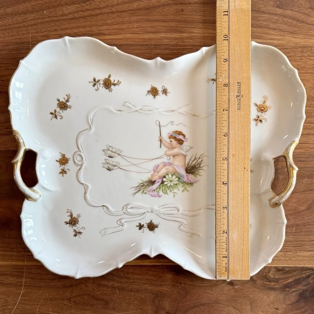 VTG Antique Lenwile Ardalt Porcelain Dresser Butterfly Tray Cherub Cupid 12x10